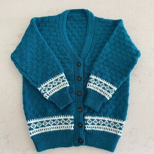 Hand Crafted Cottage Core Hand Knit V Neck Cardigan Sweater Turquoise White 0S